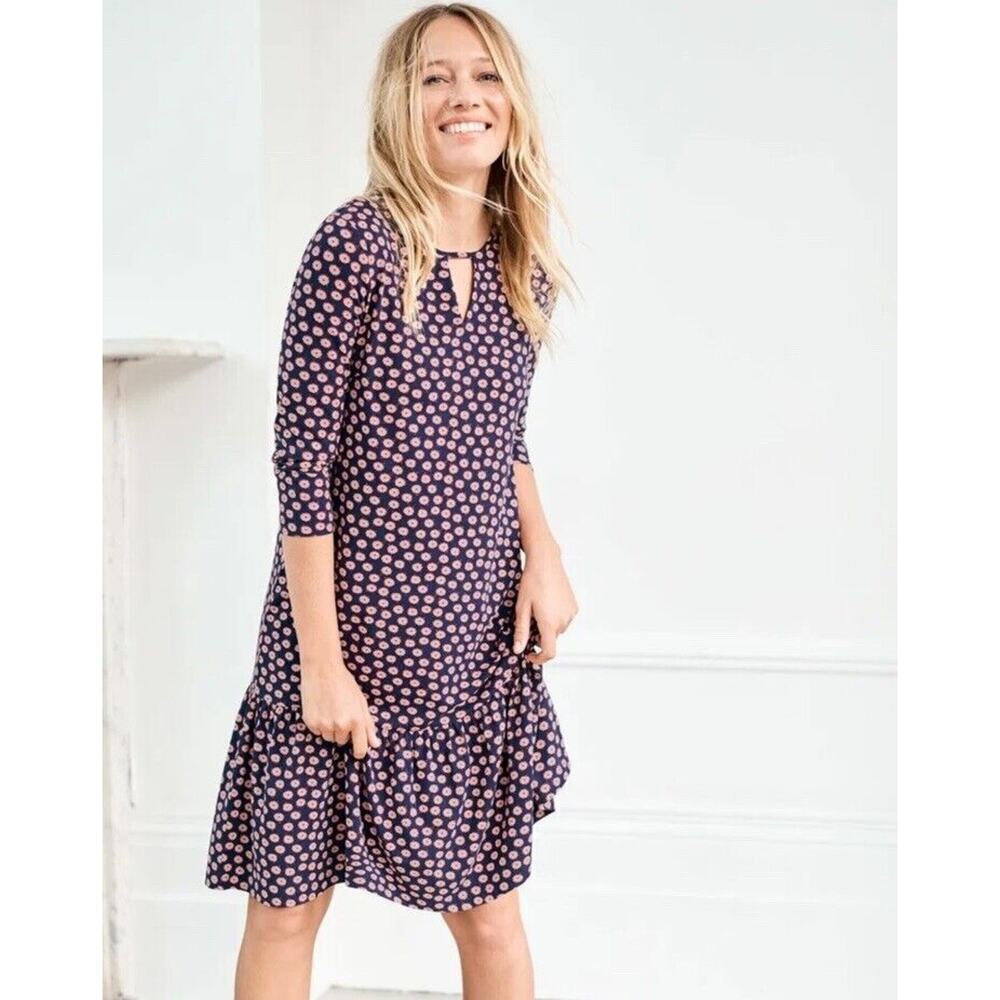 Boden Selena Jersey Knit Dress Size‎ US 6R Floral Navy Keyhole Neck Peplum Hem
